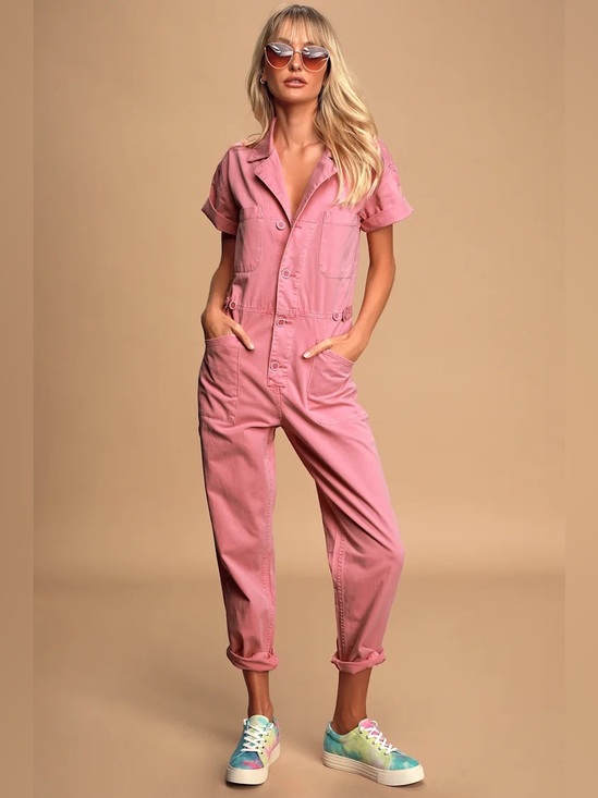pistola Pants - Pistola Grover Field Suit Short Sleeve Utility Jumpsuit Pink Flamingo Size XS